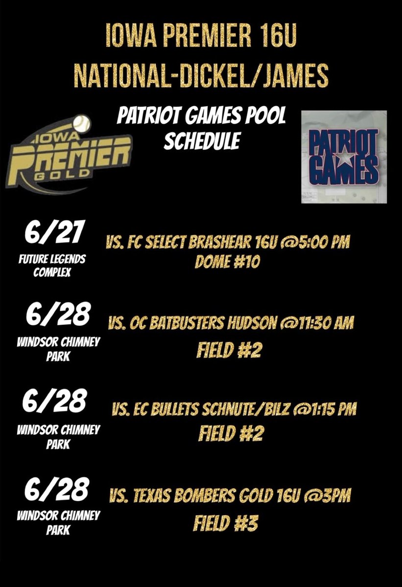 IowaPremierFP's tweet photo. IOWA PREMIER GETS THE PARTY STARTED IN COLORADO THIS WEEK BEGINNING THURSDAY!
@NCAASoftball Coaches! Please click on images below for all our National Teams schedules at PATRIOT GAMES &amp; @TCSFastpitch P5 Tournaments! 👇 #IPFLIFE💛🖤 https://t.co/yFfHZdl4w1