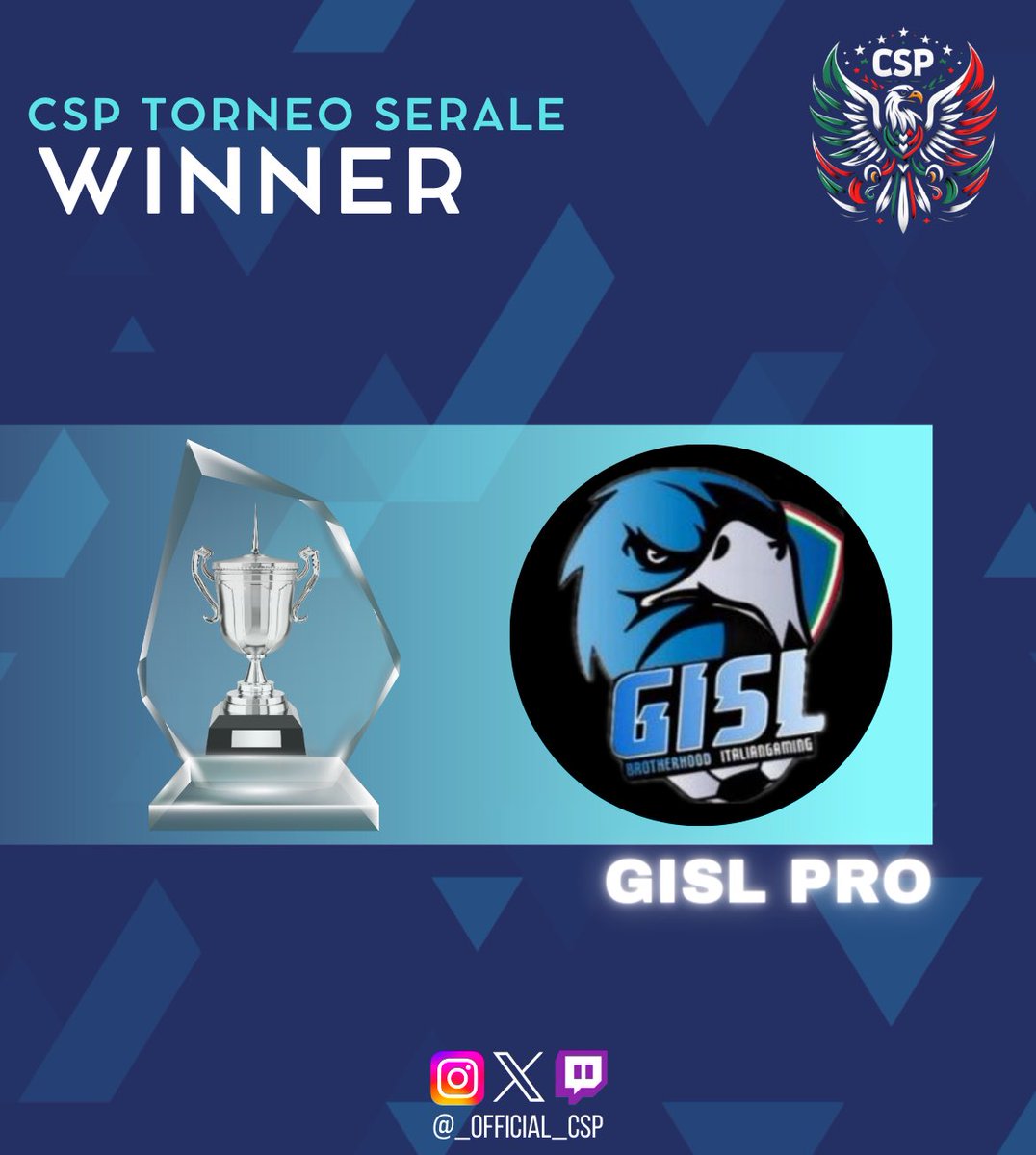 Complimenti ai GISL PRO per aver vinto il torneo di ieri CSP CUP A 44 TEAM.
Ci tengo anche a ringraziare tutti per aver partecipato e averci scelto

<a href="/xGuardian_23/">xGuardian_23</a> 
<a href="/ArmandinhoR8/">ArmandinhoR8</a> 
@Gianmar01
<a href="/GodofWarriors97/">UTP 1905 ❤️🤍</a> 
<a href="/xTempesta_7/">✩</a> 
<a href="/Rhoddino105/">Tommy</a> 
<a href="/dadopg89/">Duranti89</a> 
<a href="/XTyraa/">Tyra</a> 
<a href="/pctransfermarkt/">🇮🇹 PRO CLUBS TRANSFERMARKT🔍</a>