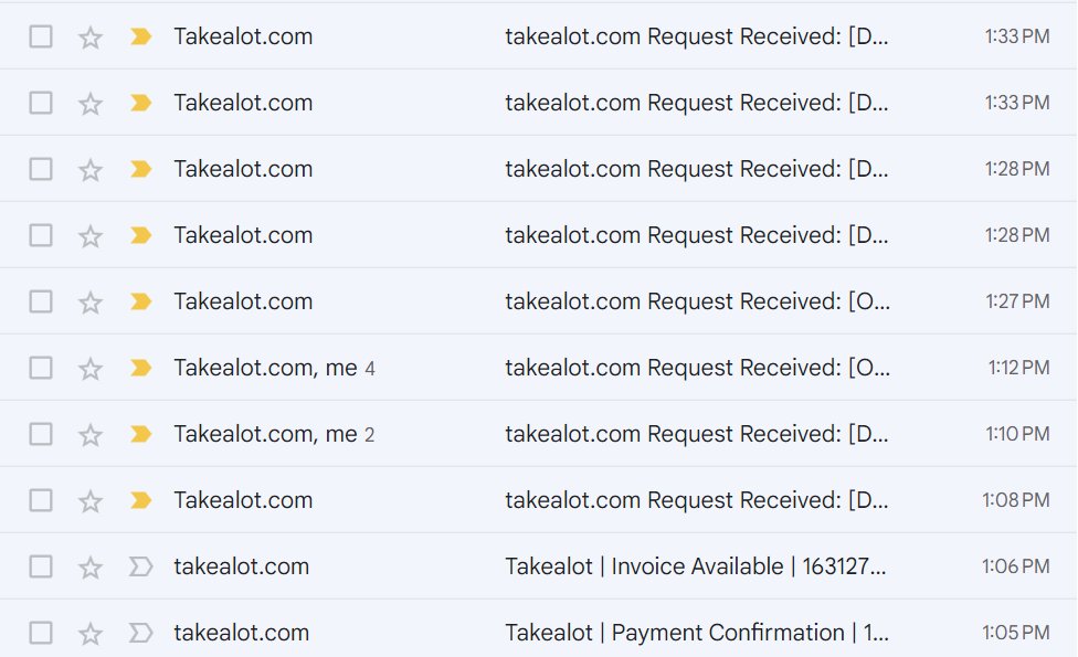 Screeeeeeee's tweet image. No replies to any of my requests, @TAKEALOT this is very distressing as a long time client.