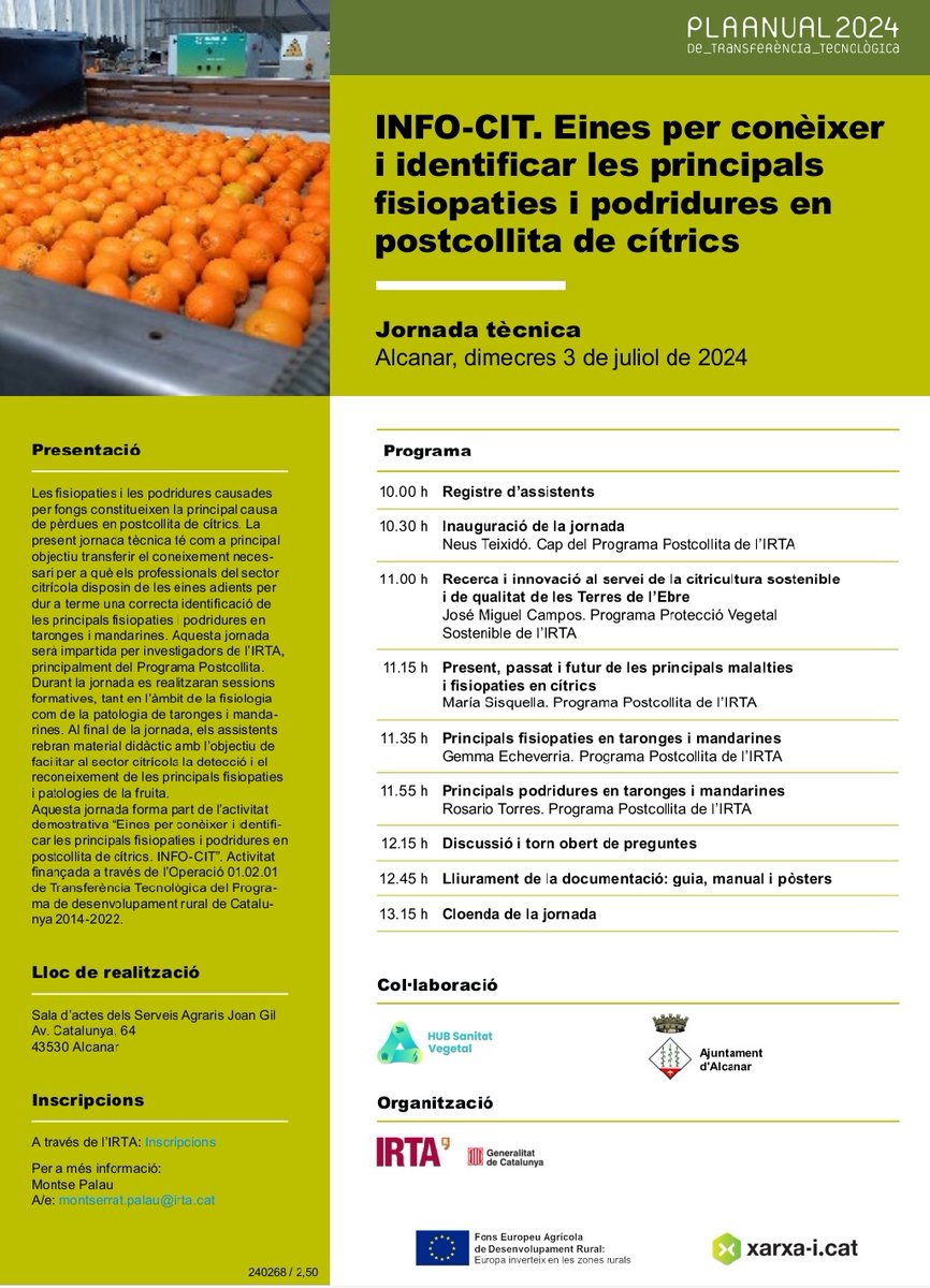 jcamposrivela's tweet photo. El proper dimecres 3 us esperem a @AlcanarAJ a la Jornada @irtacat sobre identificacio de fisiopaties i podridures de cítrics en postcollita 
https://t.co/f8Mfcc3GdU https://t.co/TahI3jgKzE