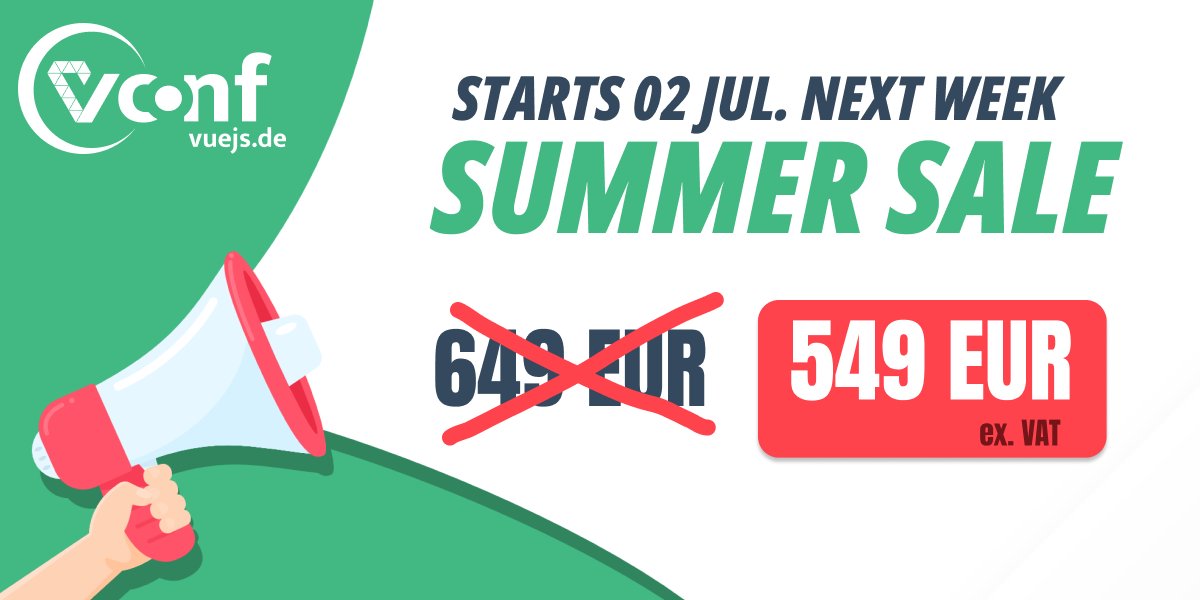 vue_js_de's tweet image. ☀️ Mark your calendars ☀️ 

The #vuejsdeConf Summer Sale starts next week on July 2nd!

👉conf.vuejs.de/tickets/