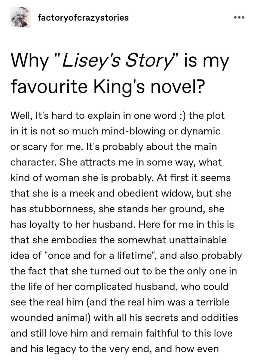 AnaSolday's tweet photo. So it was too much words for twitter and just fine for tmblr or Why "Lisey's story" is my favourite King's novel 😁
And this is absolutely not a #bookreview 😜
#stephenking #writingcommunity https://t.co/uKtDqNY25F