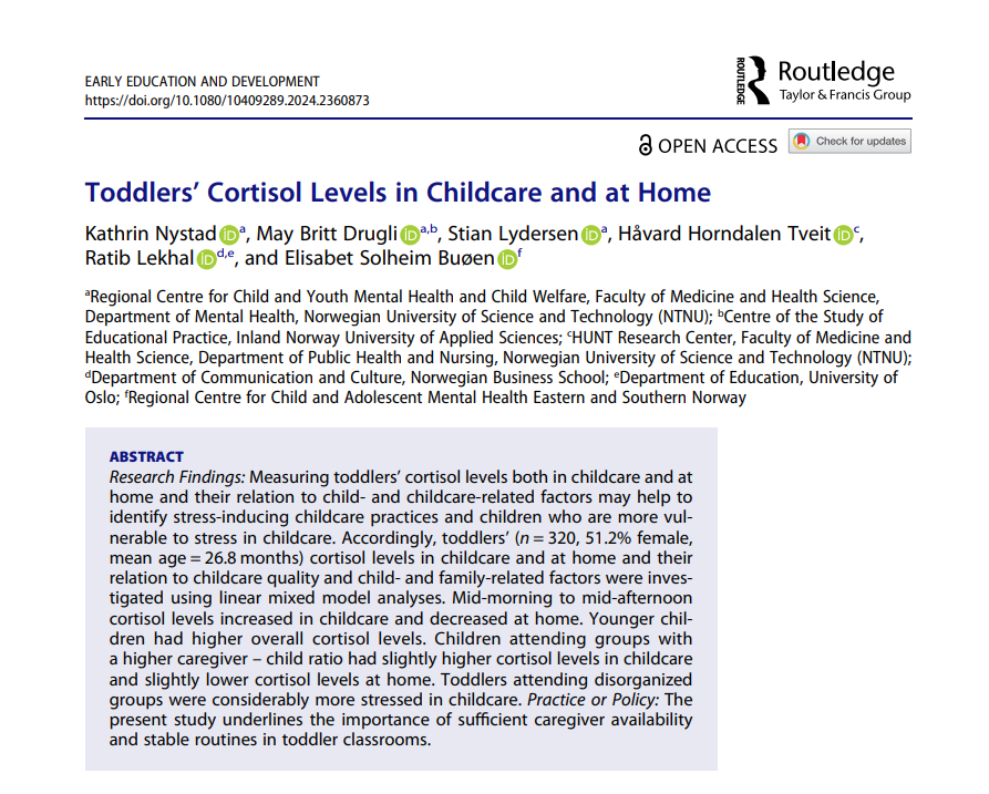 New Research: Toddlers' Cortisol Levels in Childcare and at Home, by Kathrin Nystad, May Britt Drugli, Stian Lydersen, Håvard Horndalen Tveit, Ratib Lekhal, and Elisabet Solheim. 

Access the full article here: doi.org/10.1080/104092…