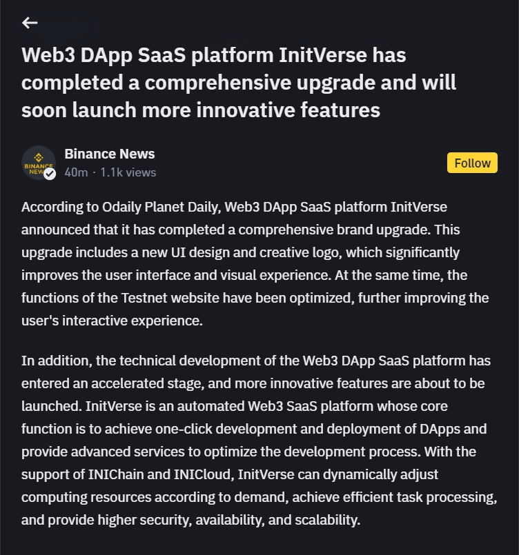 InitVerse's tweet photo. Hot news! InitVerse is now featured on Binance! 

We’re thrilled to share that InitVerse has made headlines on Binance! Dive into our exclusive article detailing the exciting brand upgrade, innovative new UI, and future development plans.

Read the whole scoop at : https://t.co/QnFLiNThXS