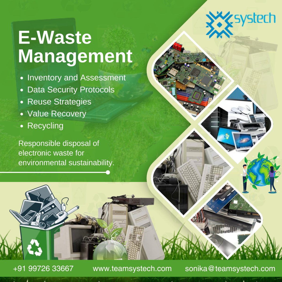 TeamSystech's tweet image. Discover Systech&apos;s expert e-waste solutions: inventory, data security, reuse strategies, value recovery, and environmentally sound recycling. Promoting responsible e-waste disposal for a smarter, greener future.

#TechResponsibility #GreenTechRevolution #EWasteManagement