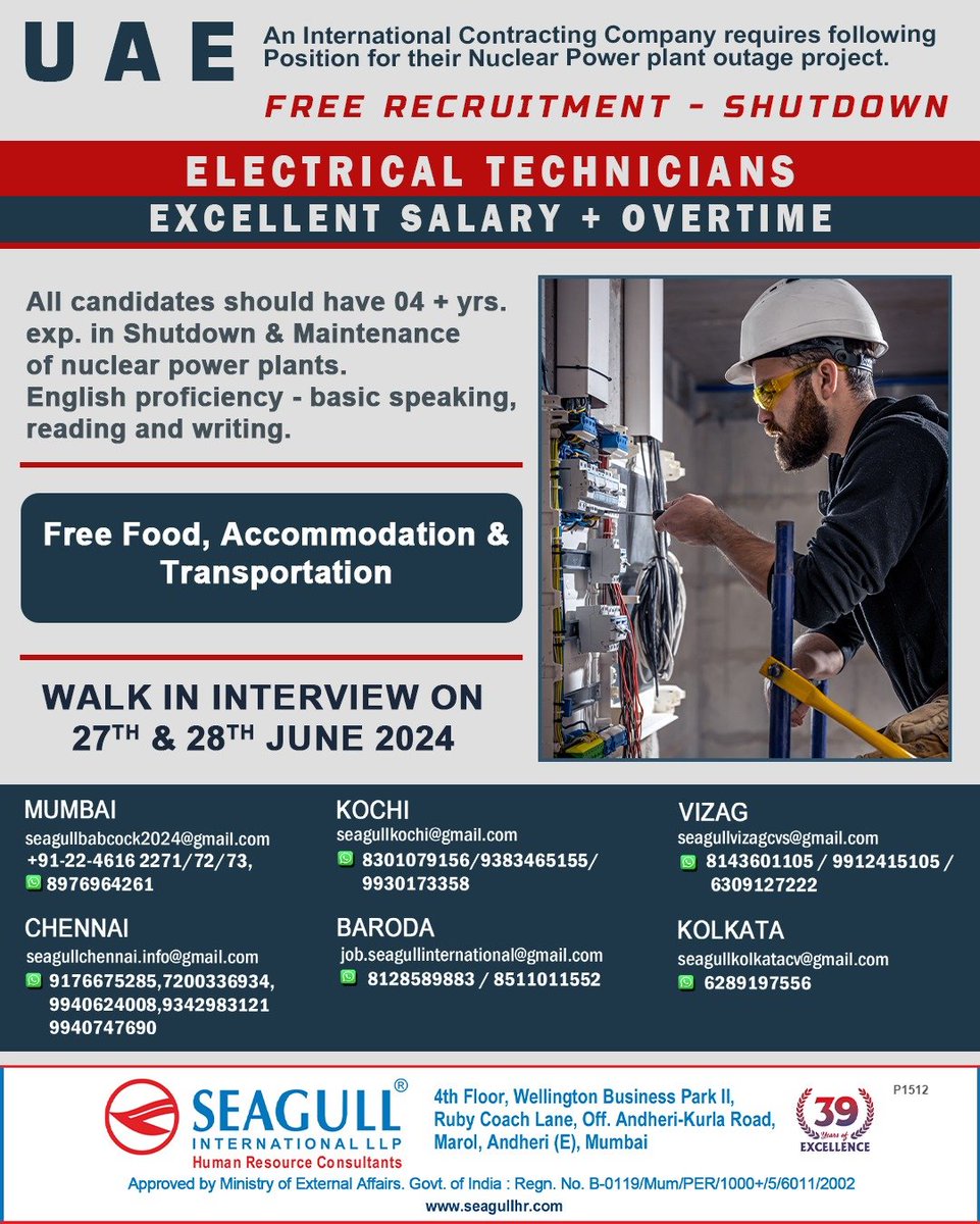 hrd1_seagull's tweet image. 🇦🇪UAE Jobs 
✔Free Recruitment - Shut Down Project
📝Walk In Interview On 27th &amp;amp; 28th June 2024
📍Location- Mumbai , Kochi , Vizag , Chennai , Baroda &amp;amp; Kolkata 
.
.
.
#uaejobs #seagull #electricaltechnicians #technicians