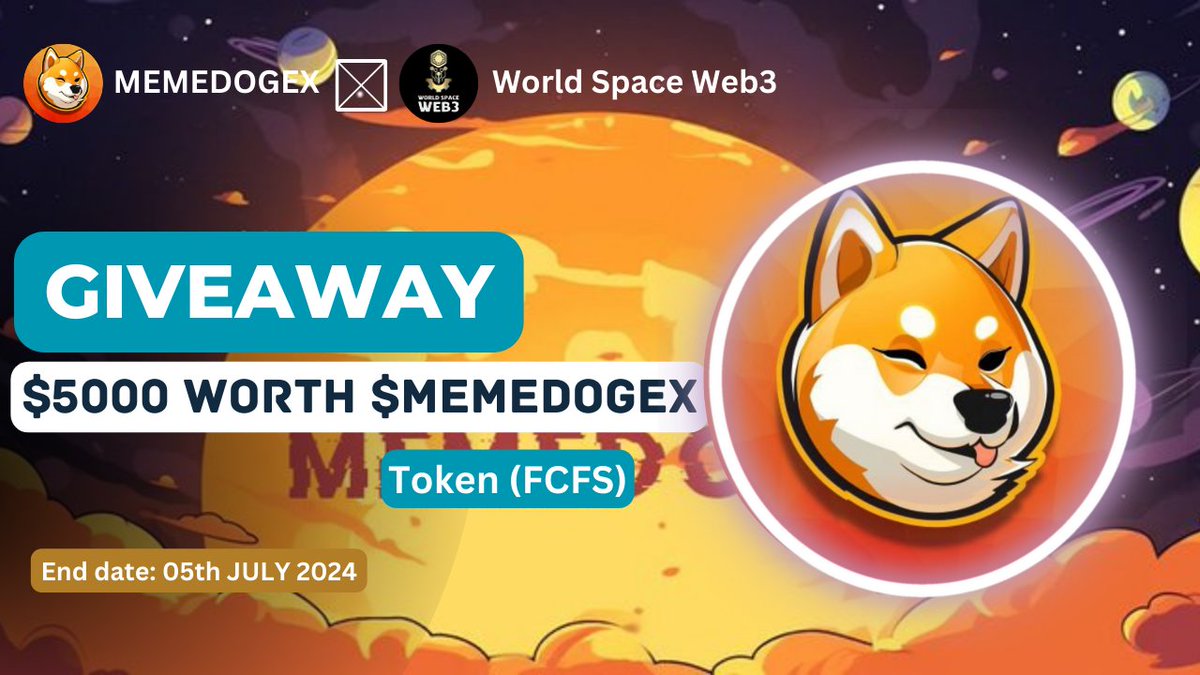 🤝 New Partnership Announcement

🎁 Giveaway : $5000 Worth of $MEMEDOGEX For 400 Winners

➡ To Enter -
1⃣ Follow <a href="/MEMEDOGEX/">MEMEDOGE</a> &amp; <a href="/WorldSpaceWeb3/">World Space Web3</a>
2⃣ Like, RT, Tag 3 Friends 
3⃣ Join TG : t.me/memedoge_1
4️⃣ Comment Your Metamask Address

⏳End: 05th JULY

#Airdrop #Giveaway