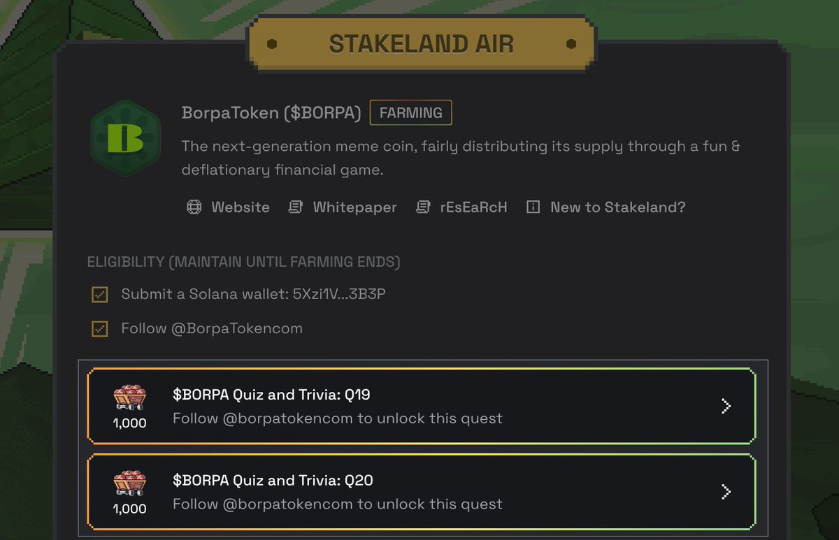 axelroode's tweet photo. UPDATE
Two new $BORPA Memeland
quests added to the Stakeland
platform 🔥

RIGHT ANSWERS
Q19 - www.borpatoken. com
Q20 - @ BorpaTokencom