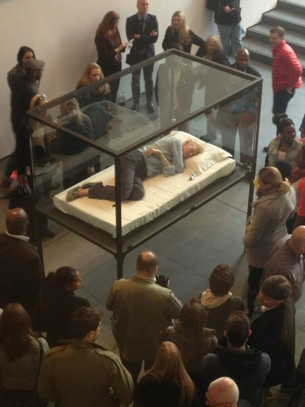 tilda swinton sleeps in a glass box at the museum of modern art