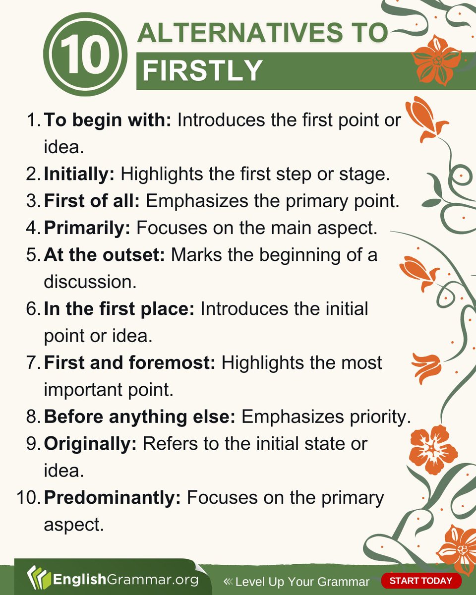10 Alternatives to "Firstly"

#vocabulary #amwriting #writing