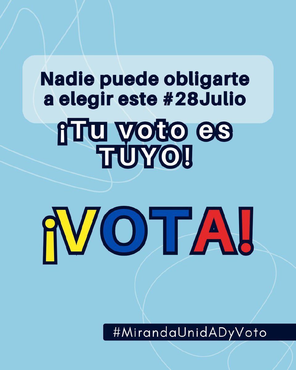 #26Jun | ¿Sabías que existe una Ley de Procesos Electorales? 

🗣️Aquí te lo vamos a explicar 

🗳️Tú voto es tuyo 

🇻🇪 Nadie puede obligarte a elegir este #28Julio 

#MirandaUnidADYVoto 

<a href="/ADemocratica/">Acción Democrática</a>