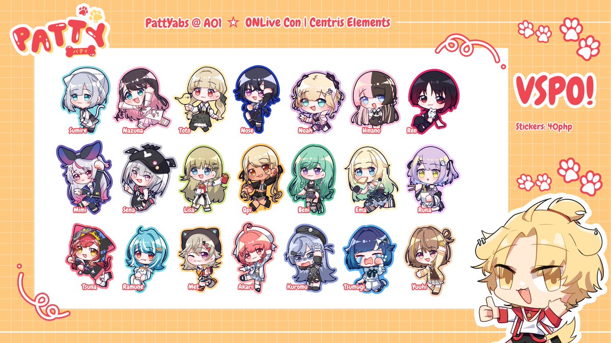 patipafu's tweet photo. YAHOOOO‼️‼️‼️  Dropping my merch catalogue for ONLive Con 2024!!!

I'll be boothing w/ @YABS0731/@yanazarashi at Table A01, PattYabs ‼️‼️‼️

Will be selling the COMPLETE VSPO JP members as stickers, as well as new Hololive stickers AND keychains!

#ONLivePH
#ONLivePH2024 https://t.co/GFU6RfC0Yl