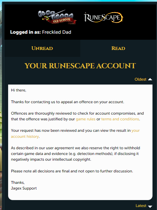 Freckled_Dad's tweet image. Can a Jmod please look over this ban. (Appeal denied Sunday) @JagexSupport @jagextwisted @jagextyran @jagexayiza @jagexgoblin @jagexblossom @jagexsarnie @jagexlight @JagexKieren @JagexWest @JagexRoq @JagexEd