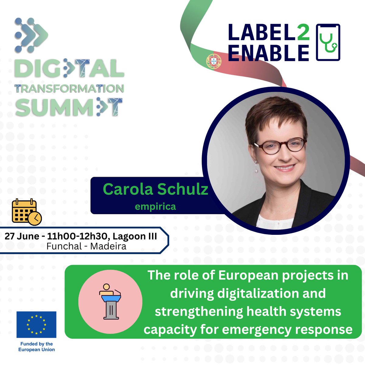Label2Enable (@label2e) on Twitter photo 📢 Happening tomorrow
👉Carola Schulz ( @empirica_Bonn) will be a panellist for <a href="/Label2E/">Label2Enable</a> in the session The role of European projects in driving digitalization and strengthening health systems capacity for emergency response at
<a href="/DigitMadeira/">Madeira Digital Health and Wellbeing</a> 📢 Happening tomorrow
👉Carola Schulz ( @empirica_Bonn) will be a panellist for <a href="/Label2E/">Label2Enable</a> in the session The role of European projects in driving digitalization and strengthening health systems capacity for emergency response at
<a href="/DigitMadeira/">Madeira Digital Health and Wellbeing</a>