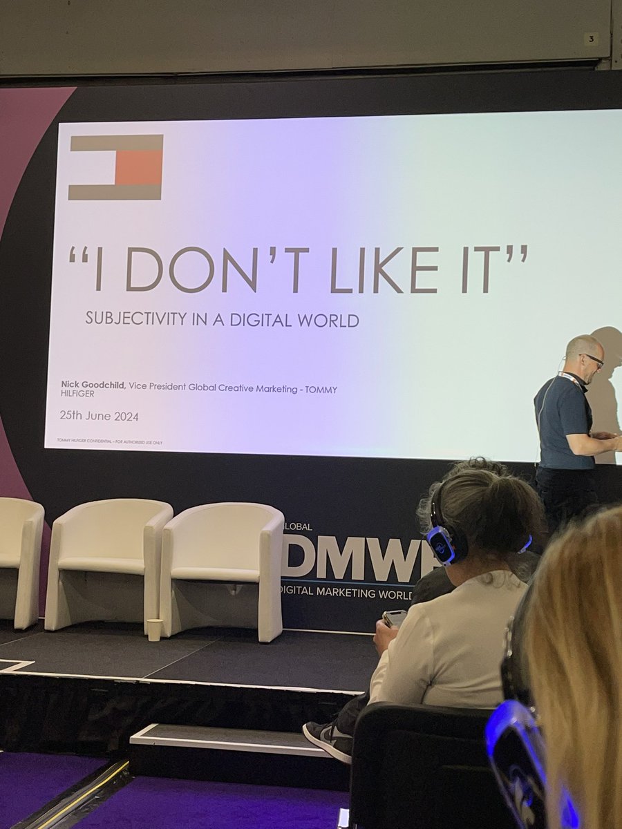 AI can use the internet to paint an average and inaccurate picture of your brand. Don’t trust outputs completely. Wise words from Nick Goodchild - VP Global Creative Marketing at Tommy Hilfiger. #DMWF <a href="/DigiMarketingWF/">#DMWF</a> #ai #marketing