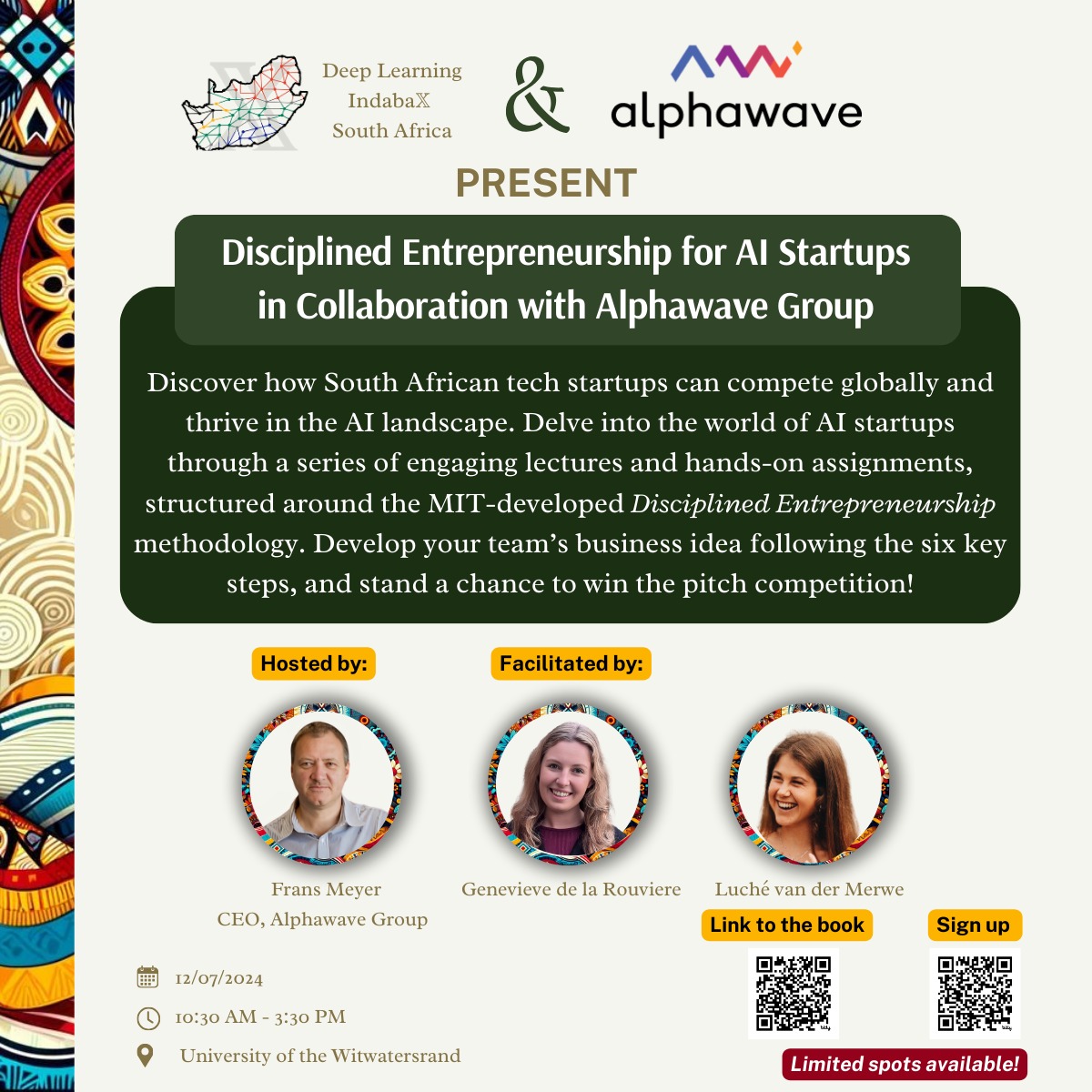 We are excited to announce the Disciplined Entrepreneurship for AI Startups Workshop at IndabaX🇿🇦'24! Led by Frans Meyer, CEO of Alphawave Group.  The workshop is structured around the MIT-developed Disciplined Entrepreneurship methodology.

Sign up here: forms.gle/zG29DBeBAe3cH9…