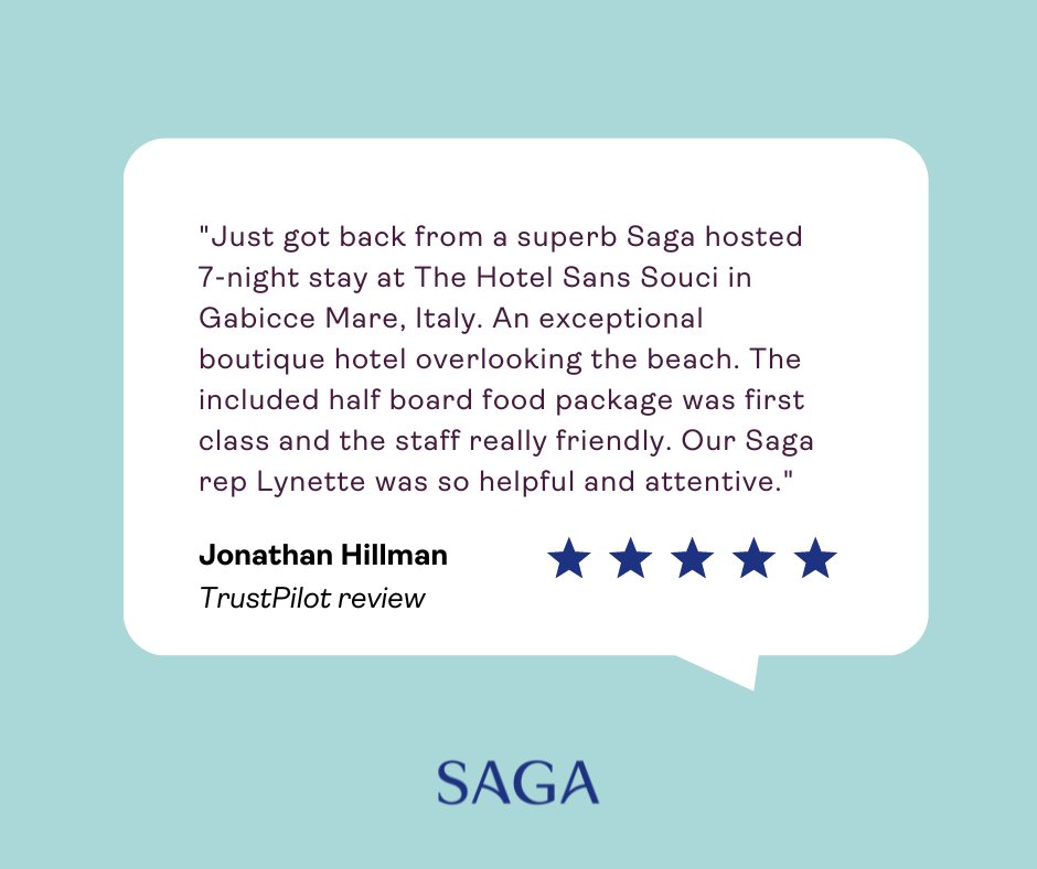 Thanks to Jonathan for sharing this great review of our Hosted Holiday at The Hotel Sans Souci. We're so pleased to hear you had a fantastic time 😊 🇮🇹

Discover this hotel ➡️ ow.ly/lP4U50S9iBZ

#sagatravel #sagaholidays #hotelholidays