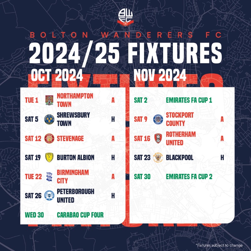OfficialBWFC's tweet photo. Our 2024/25 Sky Bet League One fixture list has been confirmed 👊

#bwfc