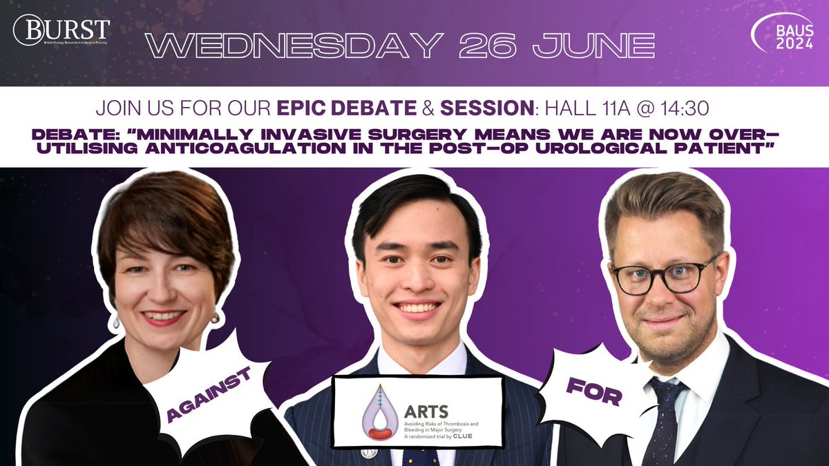 ⭐️ Pleasure &amp; honor to participate in the Great <a href="/BURSTurology/">BURST Urology</a> Plenary Debate TODAY  

📍Come to Hall 11A at 2pm 🕑

🔥 I will argue that especially British 😉 are over-anticoagulating patients after certain minimally invasive surgeries #EBM

🌟 #ARTStrial will be presented also!