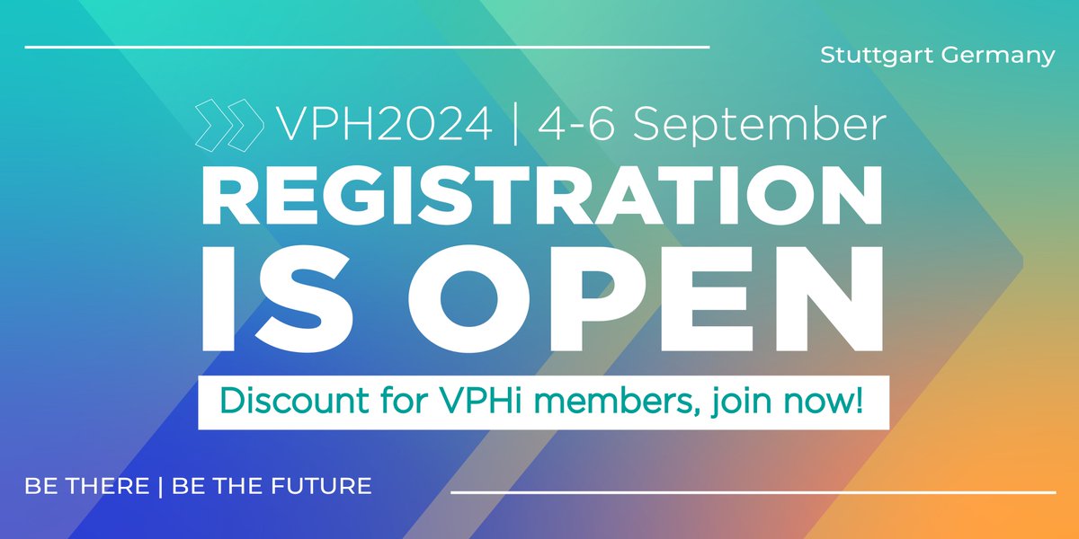 🎟️ Registration to #VPH2024 is now open with a 100€ discount for VPHi members! 

Join us in advancing the future of #healthcare through computational modeling and simulation
BE THERE, BE THE FUTURE!

🔗 Register here
vph-conference.org/registration/