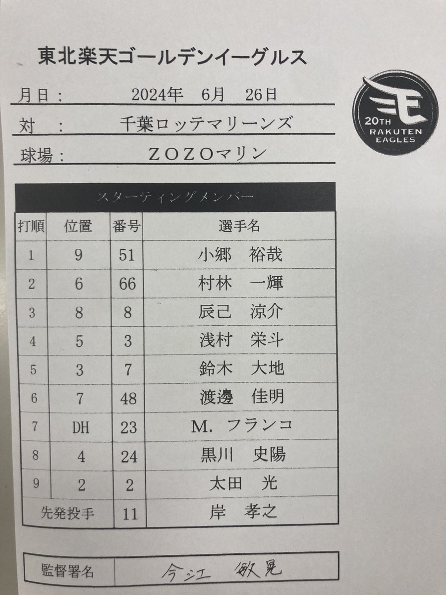 #黒川史陽 選手が「8番・セカンド」で先発です！

#RakutenEagles