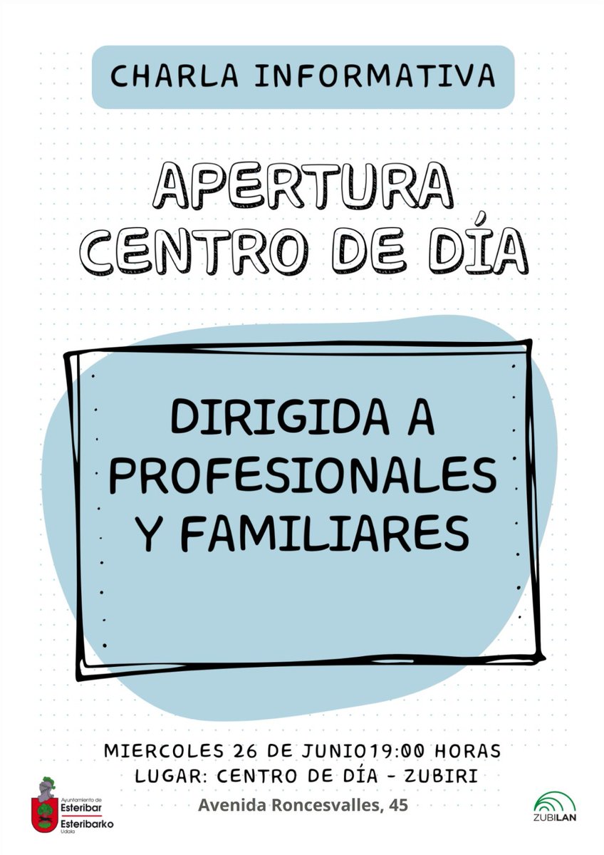 Hoy 26 de junio a las 19h. en el nuevo Centro de Día de Esteribar en Zubiri (Casas de los Camineros) Presentación del nuevo servicio de Centro de Día a familiares y personas interesadas.