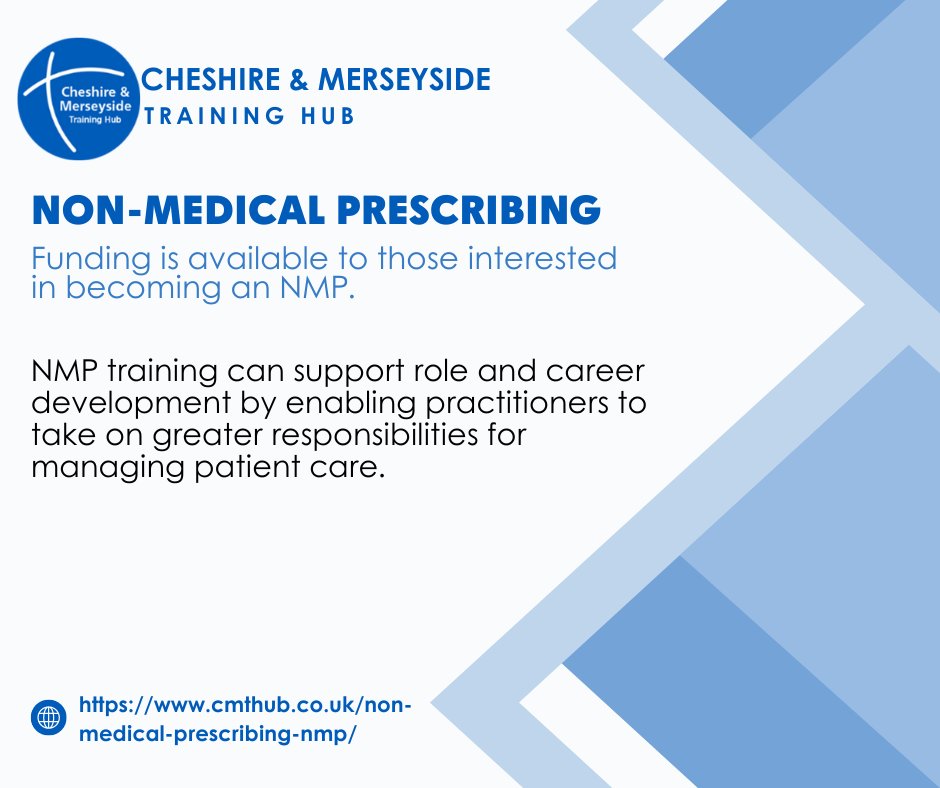 CMTHub1's tweet photo. Funding is available to those interested in becoming an NMP and Cheshire and Merseyside Training Hub can offer up to £1,850 for tuition fees.

NMP training can support role and career development.

Find out how to apply on our website.

#PrimaryCare #TrainingHub https://t.co/MQLy1mYcoA