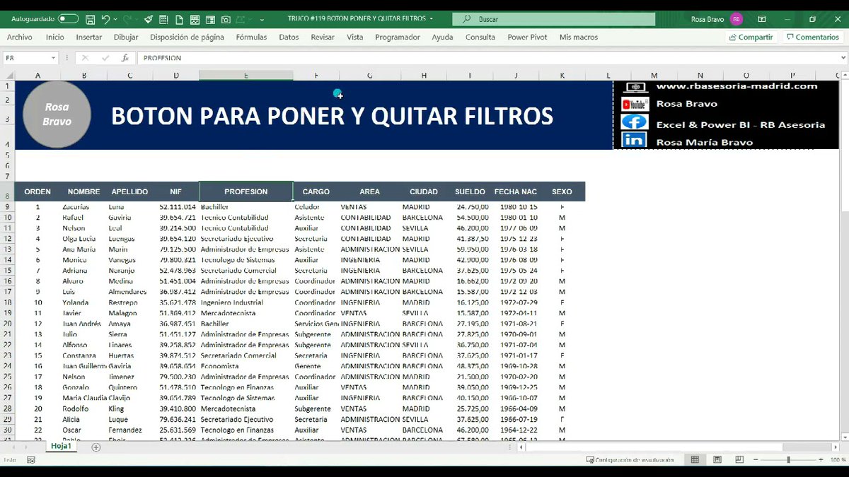 RBAsesoriaMad's tweet image. 😀¡¡NUEVO VIDEO del canal EXCEL PRACTICO!! 🤓 #119 BOTON PARA PONER O QUITAR FILTROS 👌🏼¡Actualiza tus conocimientos de Excel! 💻
#excel #excelavanzado #excelpractico #finanzas #formación youtube.com/watch?v=yu647f…