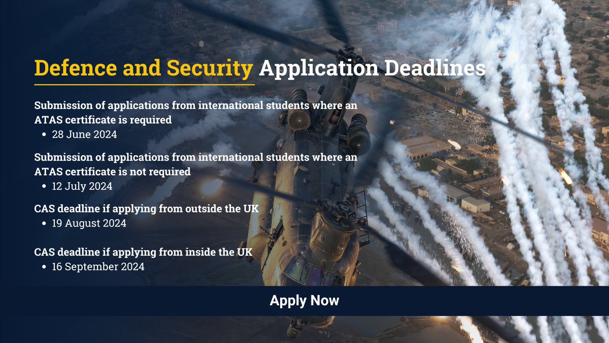 If you have already applied to a Defence and Security MSc at Cranfield, make sure to apply for your ATAS certificate before the deadline passes.

Follow this link to learn more👇 
cranfield.ac.uk/Study/Applicat…