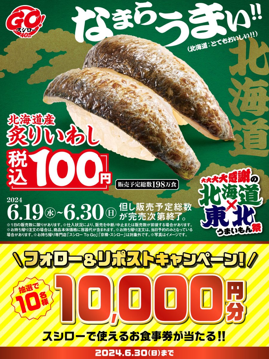 akindosushiroco's tweet photo. ／
大大大大感謝の北海道×東北うまいもん祭
🏮好評開催中🏮
＼

『北海道産炙りいわし』 税込100円❗❗❗❗❗
🟦詳しくは▶https://t.co/OOBYLxAYJ2
#GOスシロー40th

抽選で1⃣0⃣名様に🧧お食事券🧧が当たる🎁
1⃣@akindosushiroco をフォロー📲
2⃣この投稿をいいね❤＆リポスト🔃 https://t.co/4DjMO2RX0d