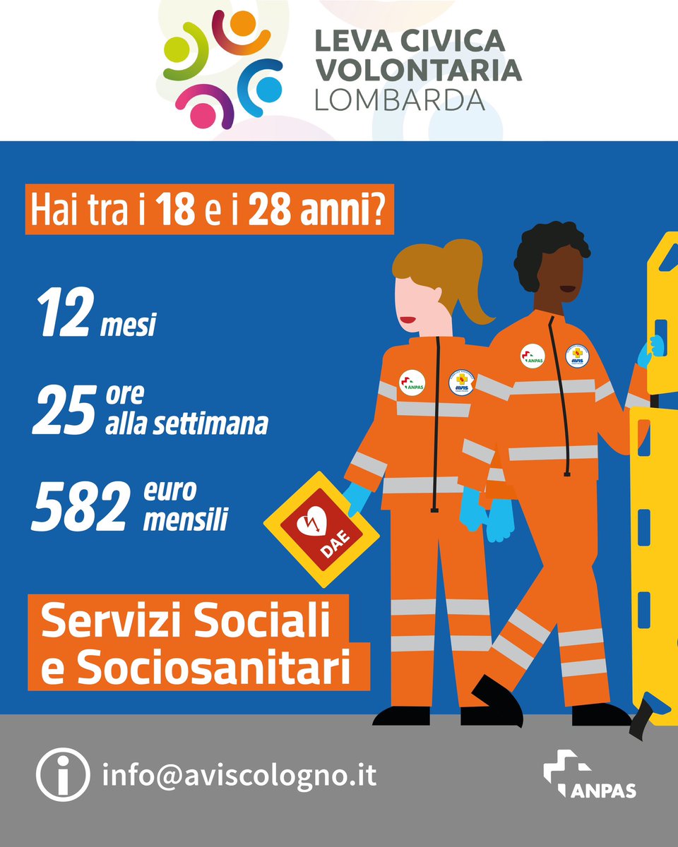 Aviscologno's tweet photo. 📢 Aperto il bando della Leva Civica. Se
hai tra i 18 e 28 anni, scrivi a info@aviscologno.it e ti daremo tutte le informazioni.
ℹ️ https://t.co/CzsKeGYuow
Ti aspettiamo 😊

#anpas #levacivica #servizisociali #servizisociosanitari #ambulanza #colognomonzese https://t.co/q3D8dUk8qr