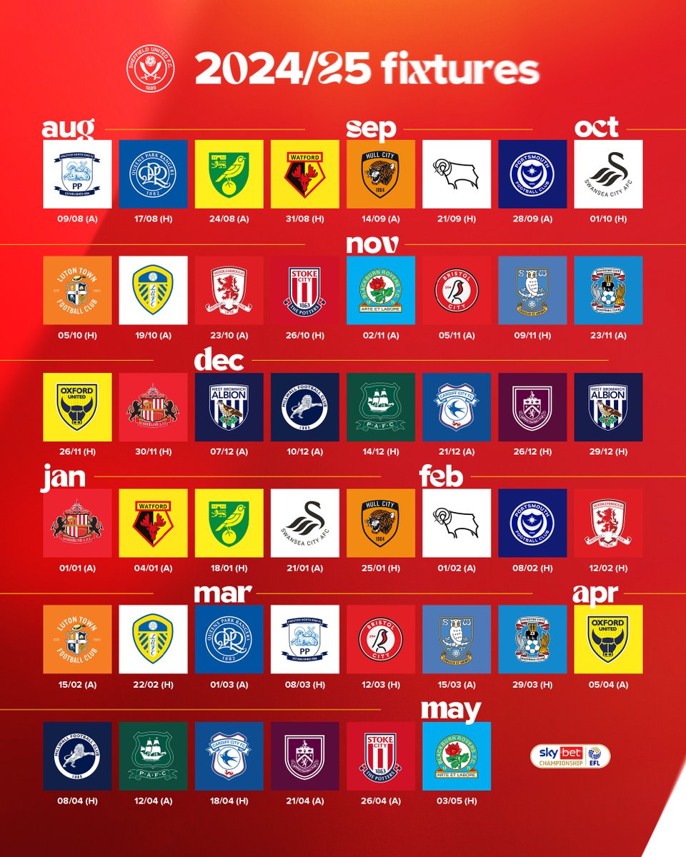 SheffieldUnited's tweet photo. Our 2024/25 @SkyBetChamp fixtures in full 📆 https://t.co/aBbmiyXEVM