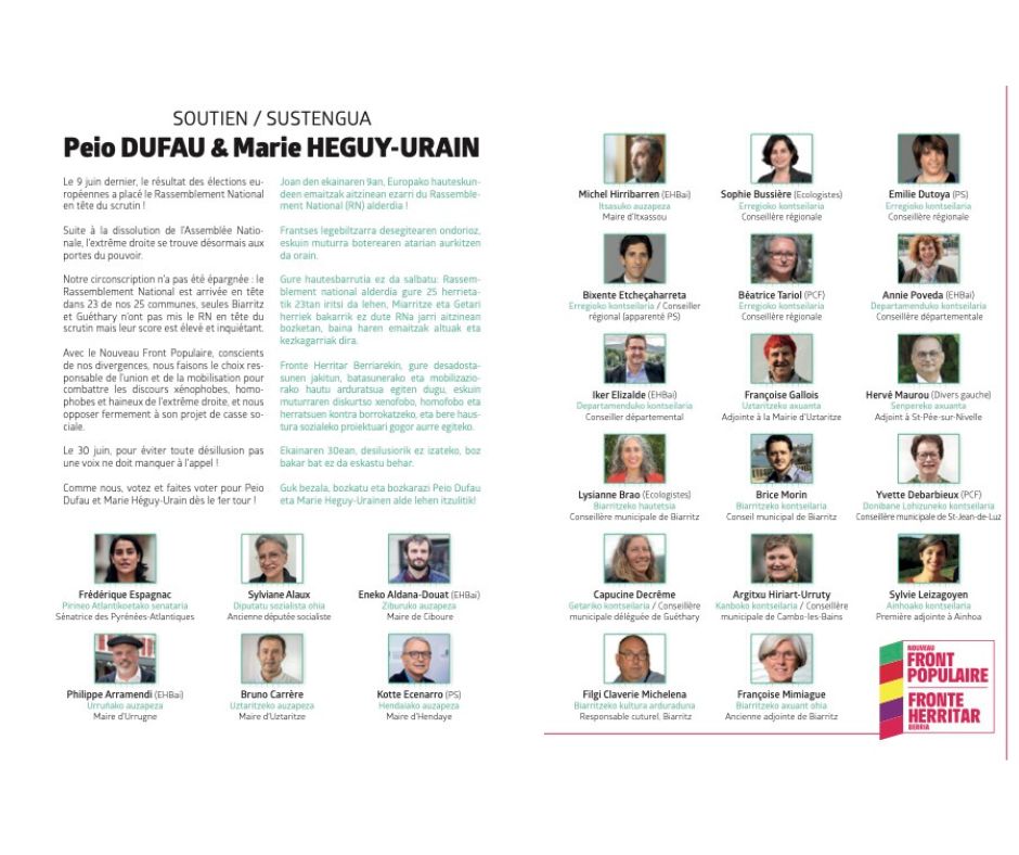 SOUTIENS 👉Le 30 juin, pour éviter toute désillusion pas une voix ne doit manquer à l’appel ! Comme nous, votez et faites voter pour Peio Dufau et Marie Héguy-Urain dès le 1er tour ! #NouveauFrontPopulaire