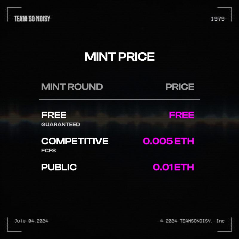 ✨Mint Round Update and Price Reveal✨

Mint Round / Price
Free (Guaranteed) : FREE
Competitive (FCFS) : 0.005 ETH
Public : 0.01 ETH

*We are upgrading all the Guaranteed Mint Tickets to Free Mint Tickets!

Minting on July 4th at <a href="/SonovaNFT/">Sonova💿</a> Launchpad

#MakeSomeNoise