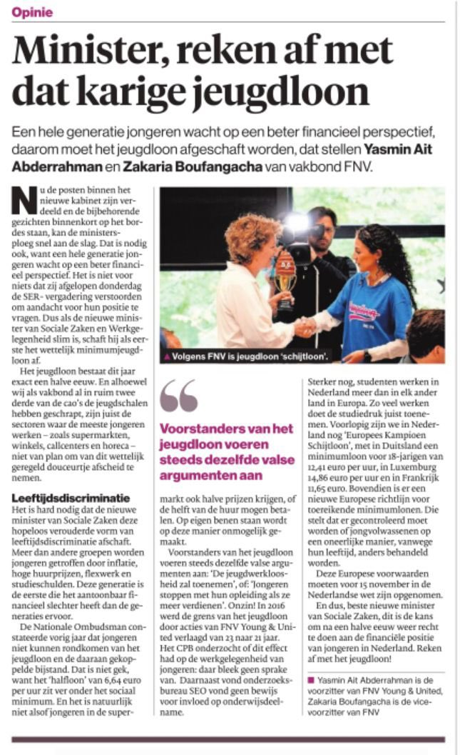 Werk aan de winkel voor het nieuwe kabinet. Neem de financiële positie van jongeren serieus en schaf het jeugdloon af!