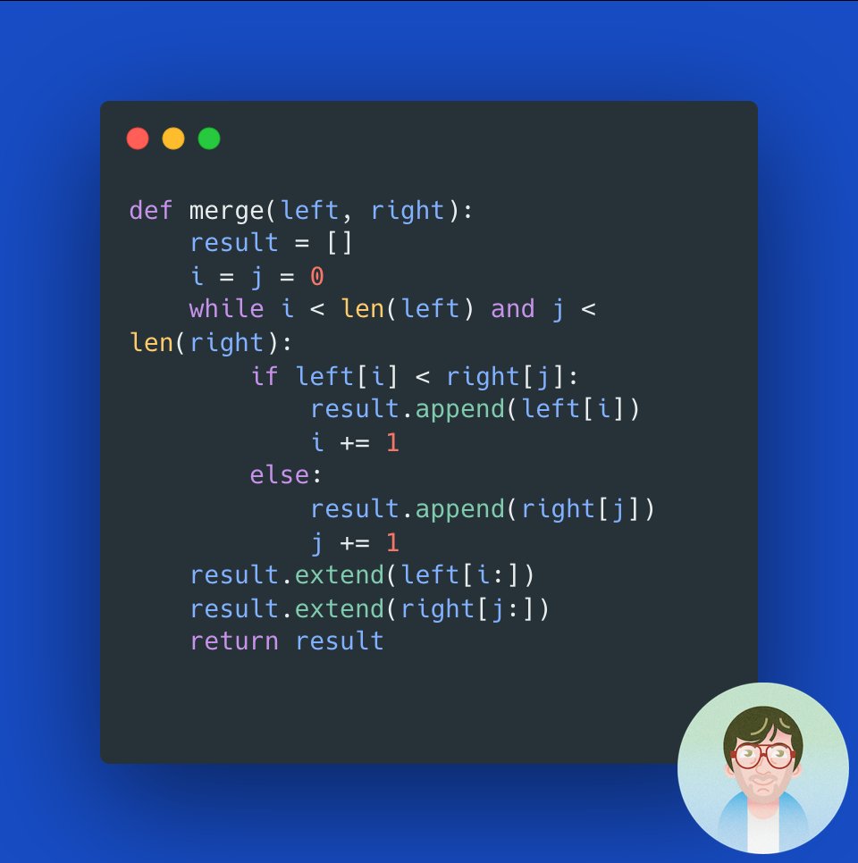 feddernico's tweet image. 🔍 This snippet shows the recursive nature of merge sort. It splits the list and then merges it in sorted order. #CodeNewbie #RecursiveFunctions