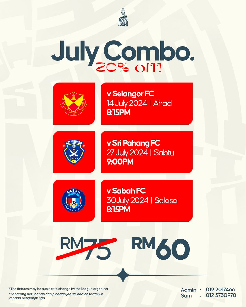 KLCityFootball's tweet photo. Calling all City Boys & City Girls!
Did you know that we got not 1, not 2, but THREE big games in Cheras next month?! And continuing the celebrations from last Friday, we bring to you the July Combo! https://t.co/VxmLXWC6ye