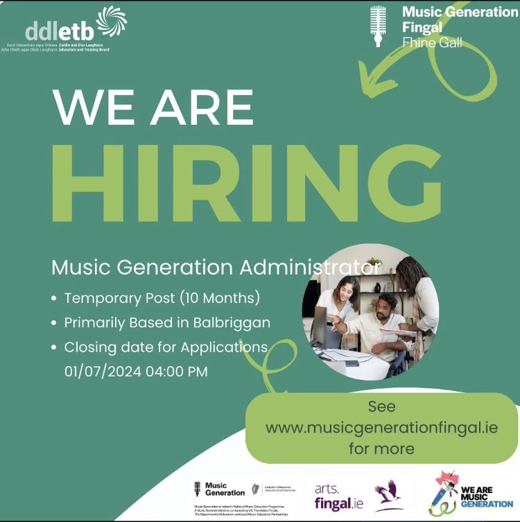 Music Generation Ireland (@mus_gen) on Twitter photo Join the team <a href="/MusicGenFingal/">Music Generation Fingal</a> <a href="/ddletb/">Dublin & Dún Laoghaire ETB</a> 😃
💼Role: Administrator (temporary post)
⏱️Deadline: 1st July 2024 4pm
Apply here:
etbvacancies.thehirelab.com/LiveJobs/JobAp… Join the team <a href="/MusicGenFingal/">Music Generation Fingal</a> <a href="/ddletb/">Dublin & Dún Laoghaire ETB</a> 😃
💼Role: Administrator (temporary post)
⏱️Deadline: 1st July 2024 4pm
Apply here:
etbvacancies.thehirelab.com/LiveJobs/JobAp…