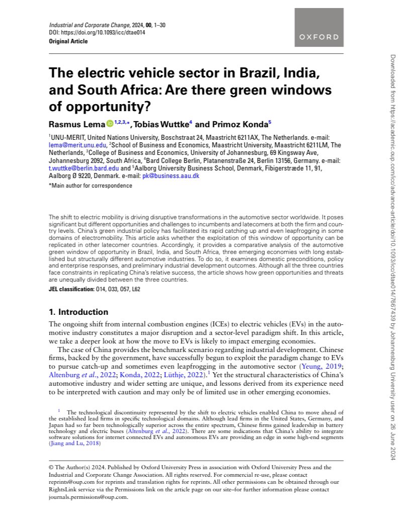 Trilateral Chair in Transformative Innovation (@uj_trcti) on Twitter photo Can Brazil, India, and South Africa replicate China's success in electric mobility? Prof <a href="/RasmusLema/">Rasmus Lema</a> and co-authors compares green industrial policies, domestic conditions, and outcomes, highlighting unique opportunities and challenges.
doi.org/10.1093/icc/dt…
#Sustainability Can Brazil, India, and South Africa replicate China's success in electric mobility? Prof <a href="/RasmusLema/">Rasmus Lema</a> and co-authors compares green industrial policies, domestic conditions, and outcomes, highlighting unique opportunities and challenges.
doi.org/10.1093/icc/dt…
#Sustainability