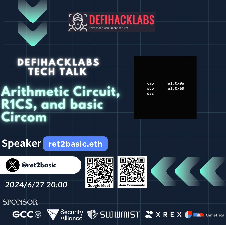 DeFiHackLabs (@defihacklabs) on Twitter photo 🔥DeFiHackLabs Web3 Security Tech Sharing
Topic: Arithmetic Circuit, R1CS, and basic Circom
Time: 6/27 Thursday 8pm (UTC+8)
Language: Chinese 中文
Speaker: <a href="/ret2basic/">ret2basic.eth</a>
👇Link 🔥DeFiHackLabs Web3 Security Tech Sharing
Topic: Arithmetic Circuit, R1CS, and basic Circom
Time: 6/27 Thursday 8pm (UTC+8)
Language: Chinese 中文
Speaker: <a href="/ret2basic/">ret2basic.eth</a>
👇Link