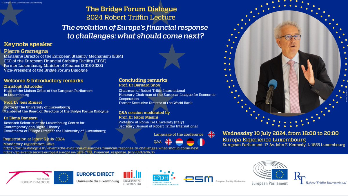 Do not miss the next Triffin Lecture: <a href="/pierregramegna/">Pierre Gramegna</a> (ESM) “The Evolution of Europe's Financial Response to Challenges: what Should Come Next?” July 10th 2024, Luxembourg.
Info+registration: bit.ly/4cCu4KN
<a href="/ESM_Press/">ESM</a> @UCLouvain_be <a href="/ULBruxelles/">Université libre de Bruxelles</a>
@CSFederalismo
<a href="/CSP_live/">Fondazione Compagnia San Paolo</a>