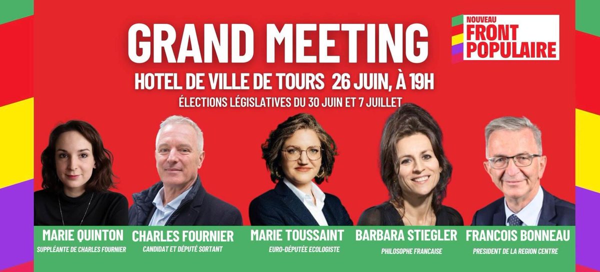 Grand meeting #NouveauFrontPopulaire ce soir, 19h à l'Hôtel de ville de Tours !

Avec le candidat sortant <a href="/cfourniereelv/">Charles Fournier - Député de Tours 37-01</a>, <a href="/MarieQuinton8/">Marie Quinton</a>, <a href="/B_Stiegler/">Barbara Stiegler</a> et <a href="/fbonneau/">François Bonneau</a>.

Venez nombreux. Dimanche, on fait réélire ensemble au premier tour Charles Fournier à l'Assemblée ! 🔥