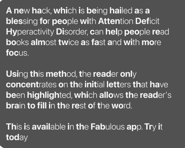 MythicRuss's tweet image. A ne ha whi I be hai a a bles fo peo wi Atten Def Hy Di, c hel peo re bo alm tw a fa a wi mo foc.

Usi th meth, t read onl concent o th init lett th ha be highligh, whi allo th read bra to fill I th re o t wo!