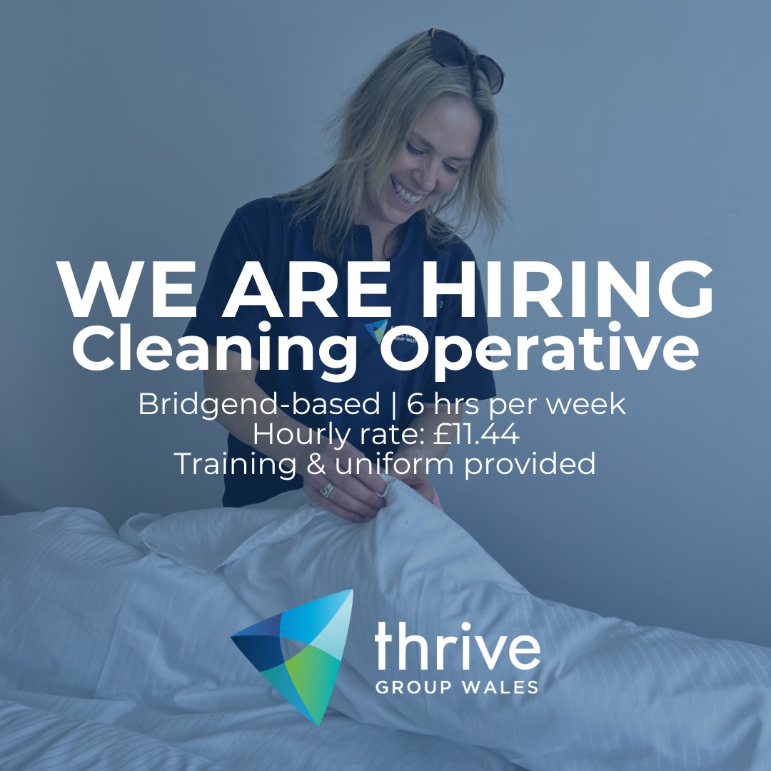 We have an exciting new opportunity in #Bridgend 
Thrive are looking to recruit a Cleaning Operative, working 6 hours per week, with the potential to increase hours. 

Training &amp; uniform will be provided. For more information, contact Anita on anitad@thrivegroupwales.co.uk