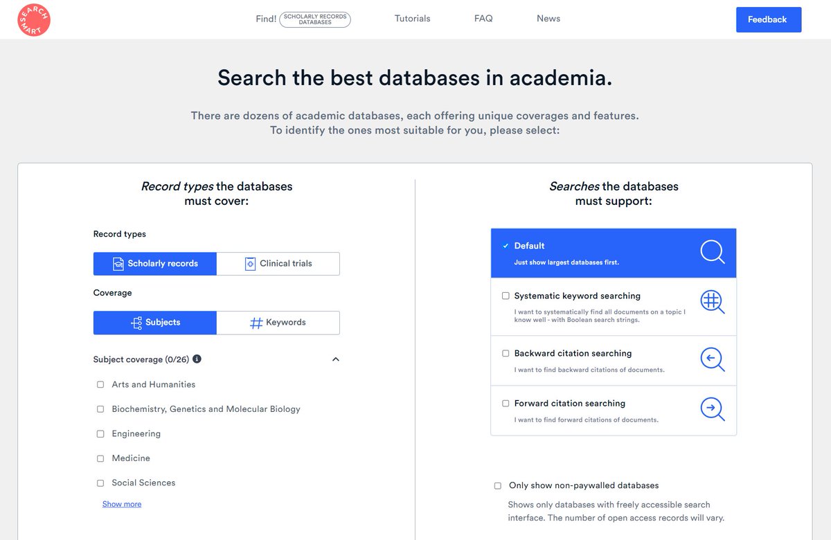 While conducting a systematic review, you want to find all relevant literature.

Perform keyword searches in:
1️⃣ At least two large interdisciplinary databases
2️⃣ At least one specialized database per subject

<a href="/wesearchsmart/">Search Smart</a> is super helpful for finding principal databases