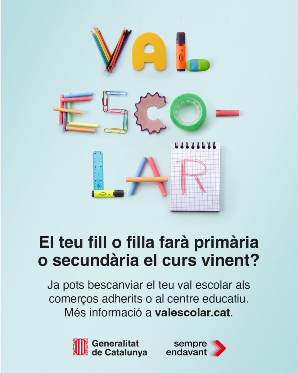📚 A partir d'avui es comença a distribuir el #ValEscolar.

📩 Tots els alumnes de primària i secundària rebran dos vals de 30€.

🏫 Com s'han d'activar? On i fins quan poden bescanviar-se? Tota la informació a valescolar.cat.