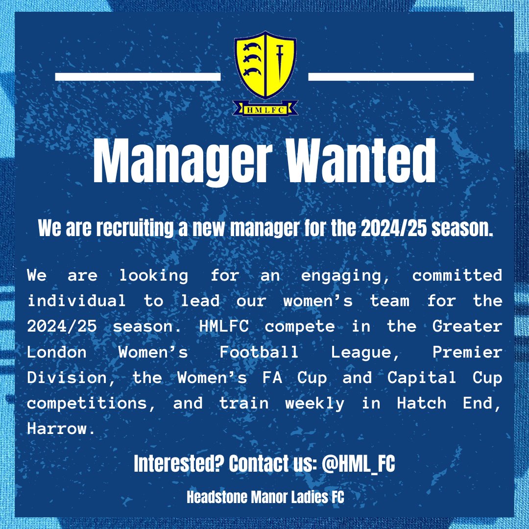 Headstone Manor Ladies FC are looking for a new manager for the 2024/25 season. 

⚽ Compete in Greater London Women's Football League (Prem)
🏆 Enter Women's FA Cup &amp; Capital Women's Cup
📍 Harrow, London

More information and EOI at the link ⤵
🔗rb.gy/f608d3