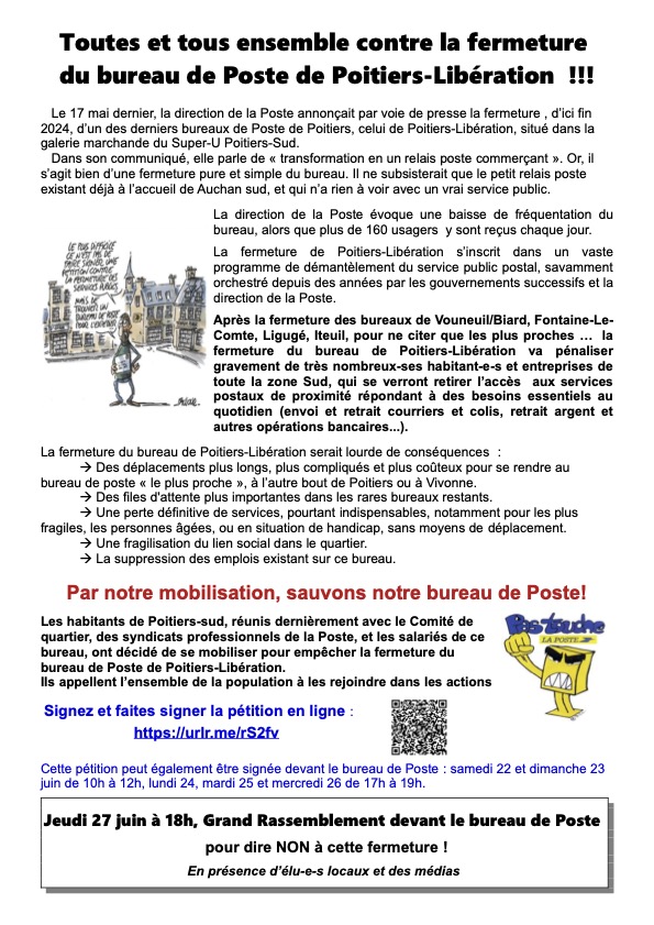 Solidaires86's tweet photo. Non à la fermeture Bureau de Poste Poitiers Libération.
Grand Rassemblement Jeudi 27 juin à 18h devant le bureau de Poste, Parking Super U Poitiers-Sud.
Sud Ptt 86 et le Comité de quartier Poitiers sud.
Signer la Pétition en ligne  : https://t.co/6Ii5NOG4h9 https://t.co/ERjDKtFvuX