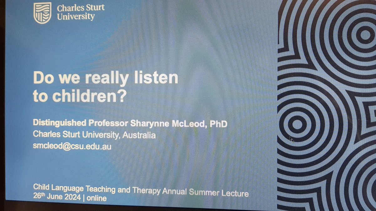 Really looking forward to listening to <a href="/SharynneMcLeod/">Sharynne McLeod</a> at the <a href="/CLTTJournal/">CLTT</a> Summer lecture. 'Do we really listen to children?' Audience from across the globe.  #CLTTsummer