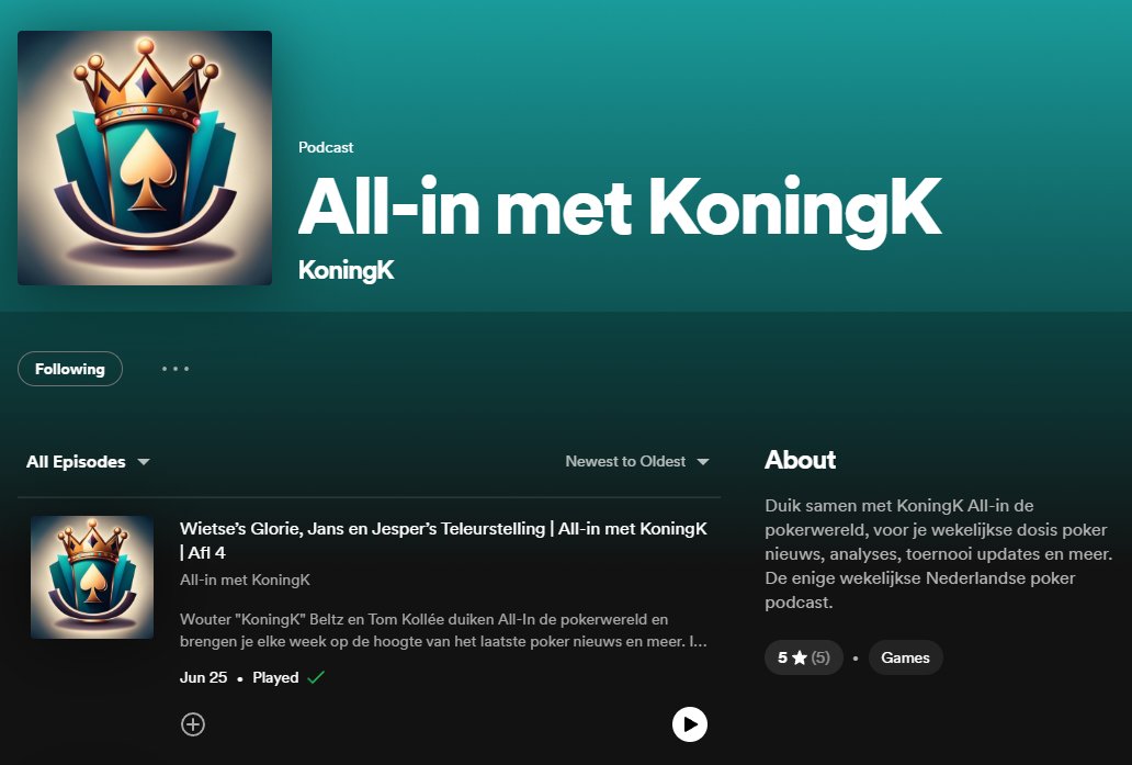 Aflevering 4 van de All-in met KoningK podcast is online! Luister hem op Spotify (of Apple Podcast).

Spotify:
open.spotify.com/episode/6gDcLh…
Apple podcast:
podcasts.apple.com/nl/podcast/wie…